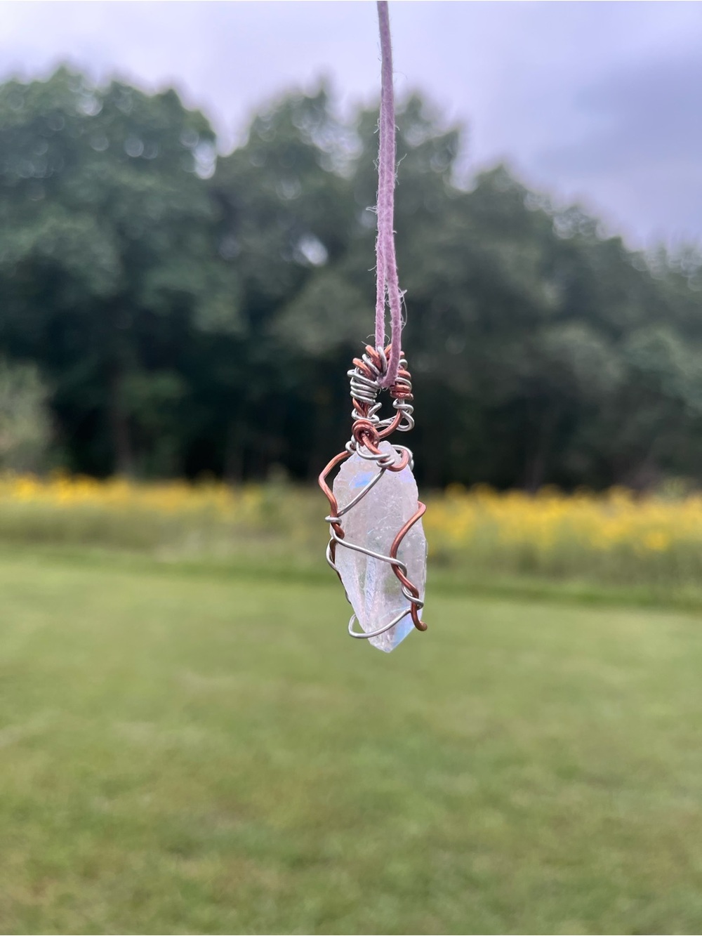 Handmade Pink Cord Wire-Wrapped Rainbow Crystal Pendant Necklace